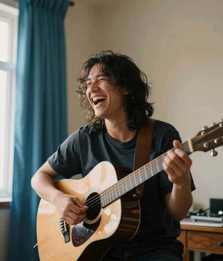 A candid, slightly grainy photograph of a person laughing while holding an acoustic guitar in a sun-drenched room with beige walls and steel blue curtains. The lighting is warm and natural, capturing an authentic, unposed moment.