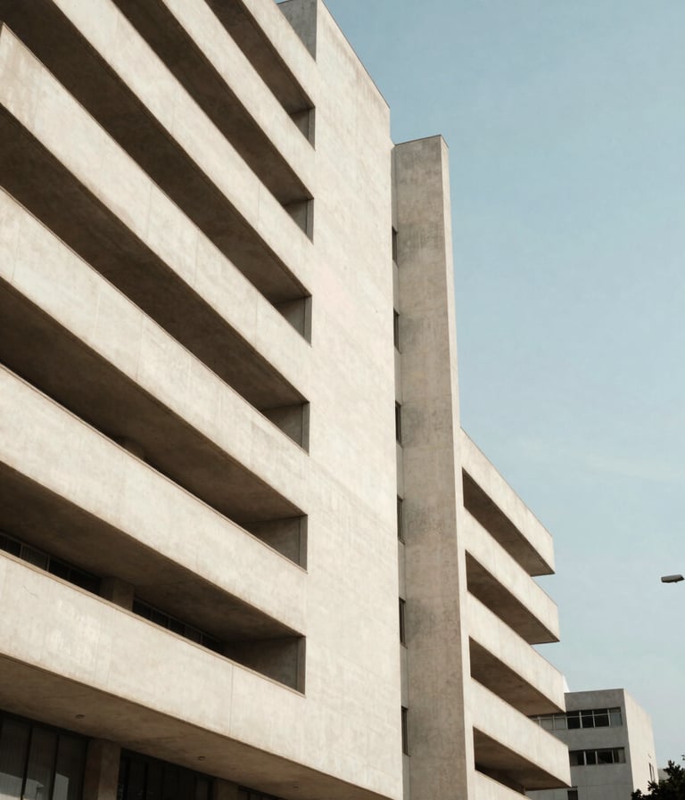 A cinematic vertical shot of a modern architectural building with minimalist lines in a Latin American / Hispanic capital city, bright midday sun creating sharp shadows, soft off-white concrete textures against a clear sky.
