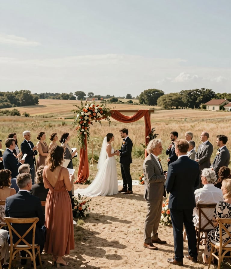 A wide cinematic shot of a wedding ceremony in a sun-drenched field. Guests are interacting naturally, warm terracotta accents in the decor, soft sand-colored ground, European summer vibes.