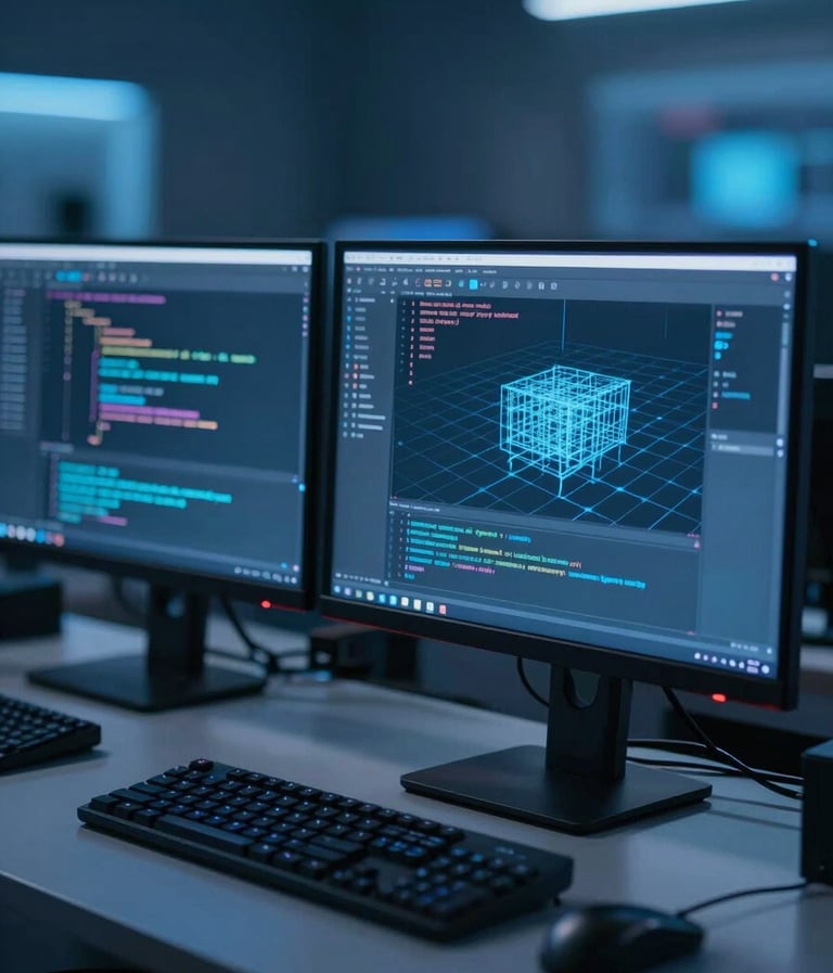A high-tech game development workspace with multiple monitors displaying lines of code and a 3D wireframe, lit by a soft blue glow (#3F516B), modern and professional.