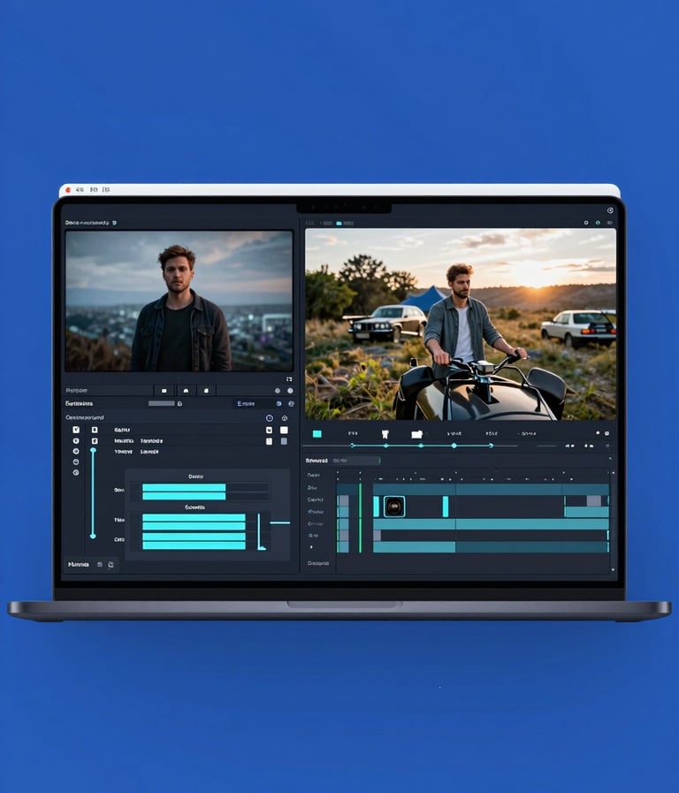 A sophisticated split-screen style image showing a 4K video editing interface on one side and the cinematic drone footage being edited on the other. The interface glows in #A0B0C0 against a #1B263B background.