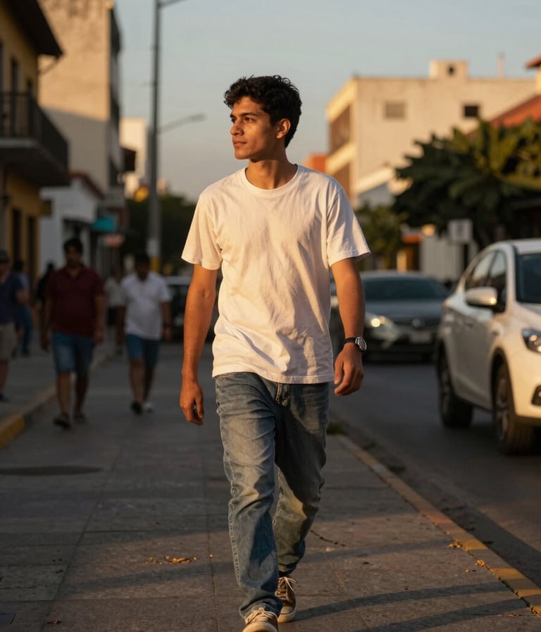 Fotografía de estilo de vida capturando a una persona caminando con confianza por una avenida principal de una ciudad latinoamericana, luz dorada de atardecer, profundidad de campo cinematográfica.