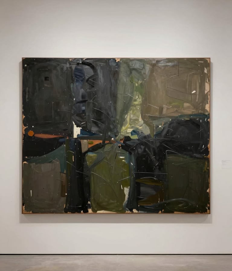 A large-scale abstract painting displayed on a soft off-white wall in a minimalist, high-end gallery space. The artwork features sweeping gestures in deep charcoal and olive charcoal, with subtle underlying layers of muted taupe. The lighting is soft and professional, highlighting the rich textures of the oil paint.