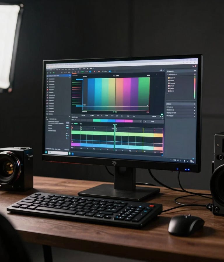 Behind the scenes of a corporate video shoot with a high-end monitor showing color grading. Dark studio environment, sleek technology, professional equipment, Brazilian production context.