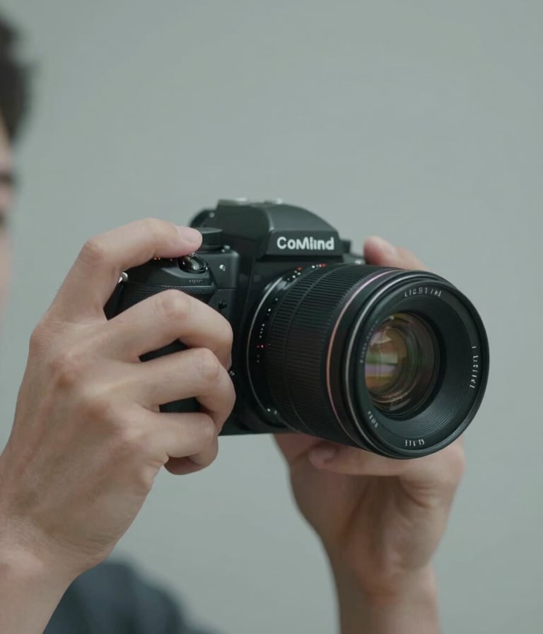 An artistic, minimalist shot of a photographer's hand adjusting a vintage lens. The lighting is soft and professional, emphasizing the tactile quality of the equipment. The palette is a mix of #26211F and #AEAEA7, radiating timeless professionalism.