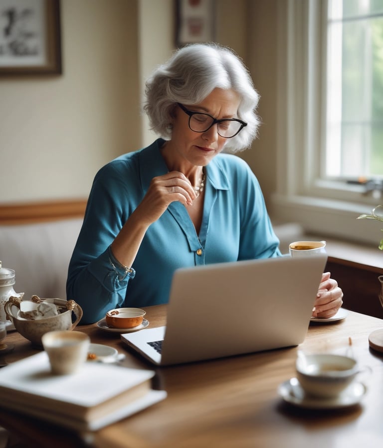 A cozy workspace with a laptop open to a blog page, surrounded by notes and a cup of coffee.