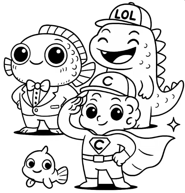 alt="Finbrööt Magnifico, LOLzilla, and Captain BRAINBRÖÖT characters together – funny printable coloring heroes for kids"