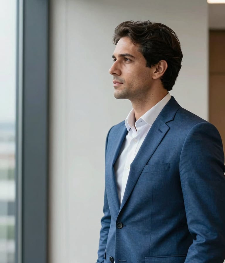 A high-end professional portrait of a male executive in a modern South American / Brazilian office. He is wearing a steel blue blazer and looking thoughtfully towards a window. The background features soft off-white walls and architectural lines in dark slate blue. Professional lighting, sophisticated mood.
