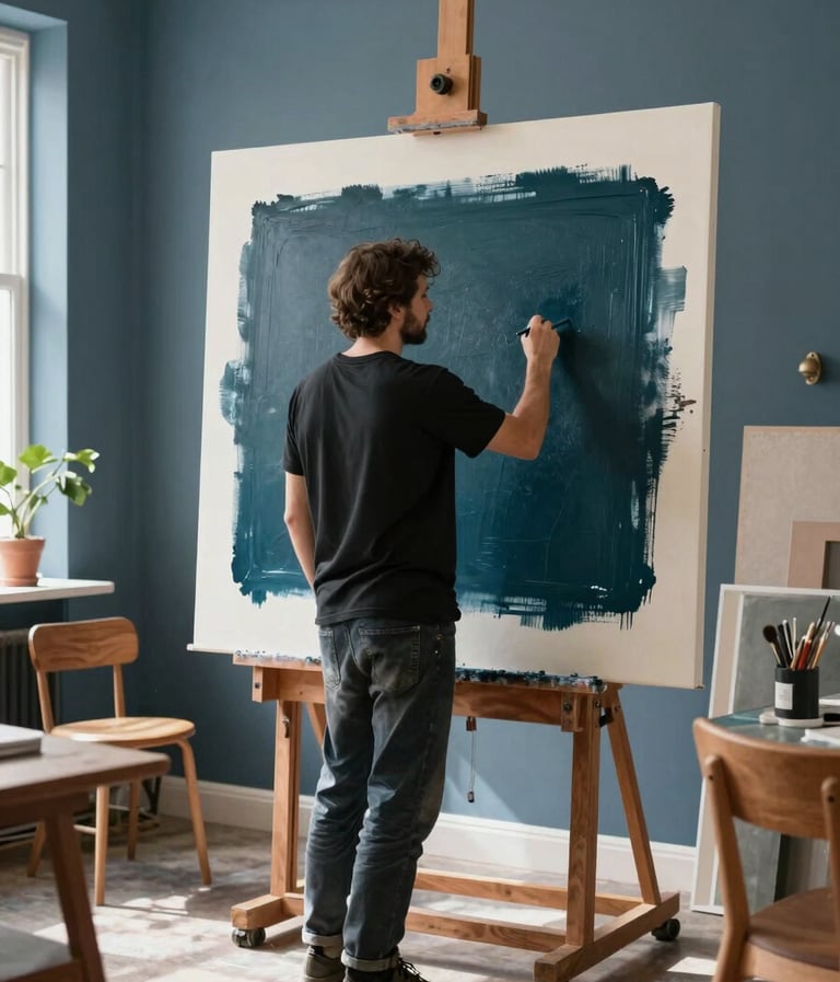 A professional artist in a modern Northern European / Welsh / British studio, viewed from behind as they work on a large experimental piece. The studio is filled with natural light and features slate blue walls and warm ochre wood furniture. The artist is applying a deep midnight teal wash to a canvas.