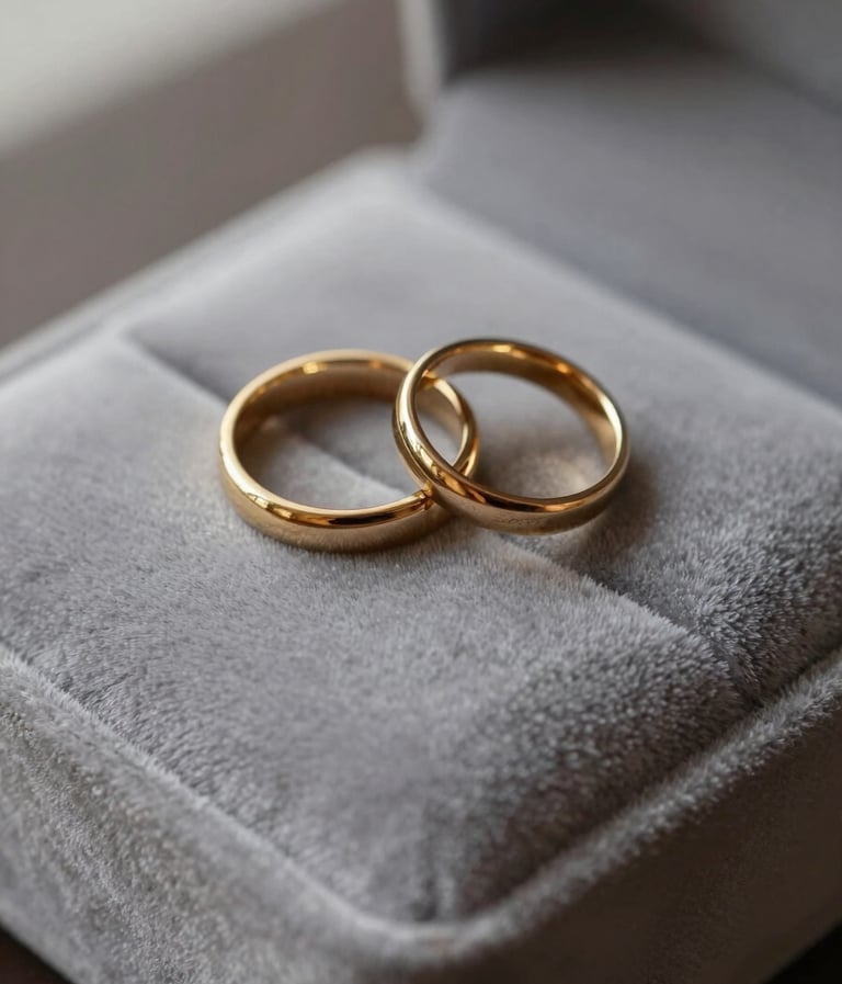 High-end photography of two gold wedding rings resting on a soft warm grey velvet cushion, minimalist composition with delicate natural lighting, evoking exclusive romance and luxury.