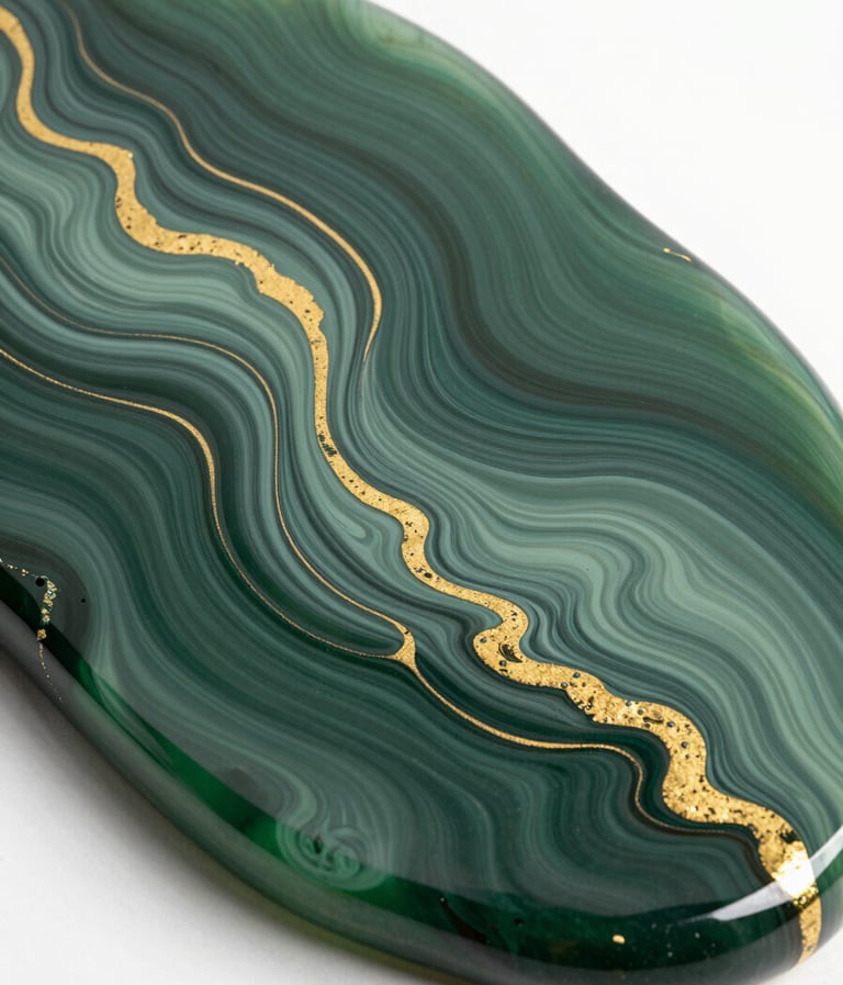 A breathtaking high-angle shot of a large resin art piece. The surface is glass-like and glossy, featuring deep forest green swirls intermingling with sage green and streaks of metallic gold. The composition is abstract and fluid, captured in a bright International / Global studio with natural light reflecting off the surface.