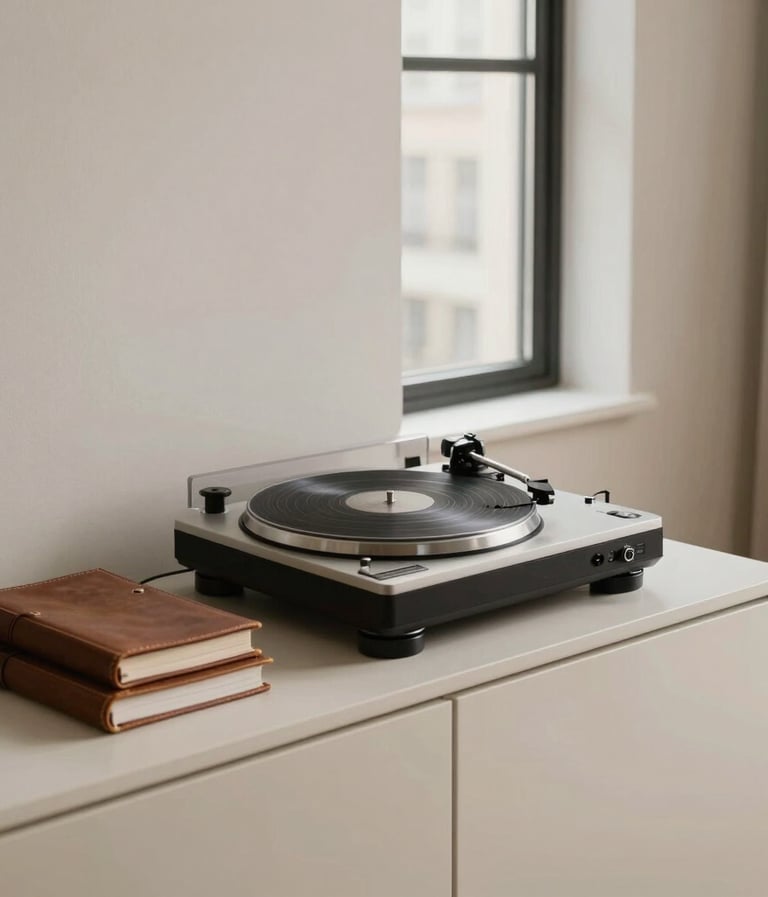 A sophisticated and introspective view of a minimalist workspace in a Western city apartment. A vintage turntable sits on a cream-colored sideboard next to a stack of leather-bound journals. Soft, natural light filters through a large window, creating a serene atmosphere. Palette: cream and taupe.