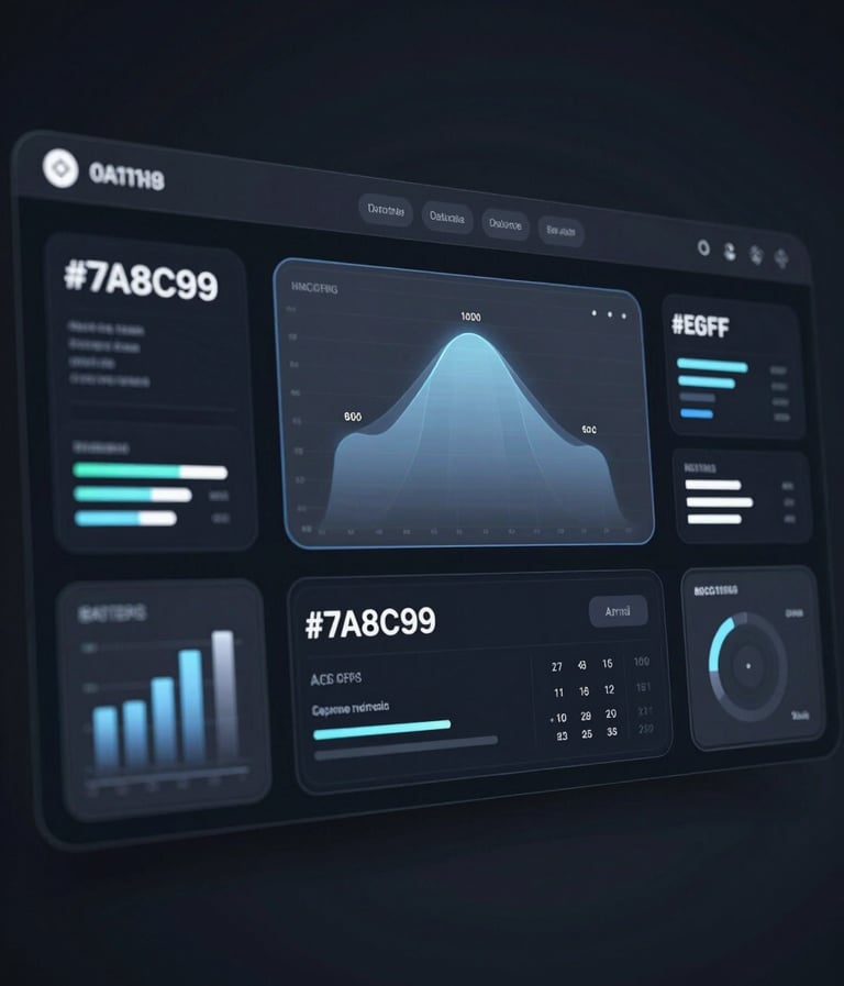 A sophisticated UI screenshot of a futuristic dashboard, featuring glass-morphism effects, holographic data visualizations in #7A8C9E and #E6EFF5, and dark #0A1118 backgrounds, sharp modern typography, cinematic lighting.