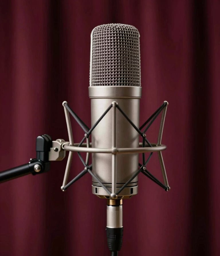A professional studio setup with a classic ribbon microphone on a stand. In the background, out-of-focus burgundy curtains (#6B242D) add a layer of texture. The atmosphere is professional yet deeply artistic.