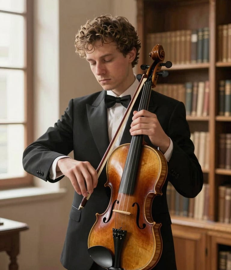 A professional violinist in a Southern European / Spanish historical library, holding a violin with grace. Soft almond off-white light filtering through windows, warm stone taupe wooden shelves in the background.