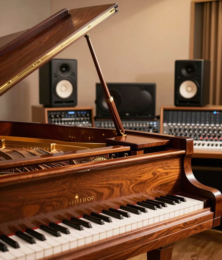Professional music studio at golden hour. A mahogany grand piano stands prominently under soft terracotta lighting. High-end studio monitors and a sleek mixing desk are visible in the background against soft cream walls. Sophisticated and warm atmosphere.