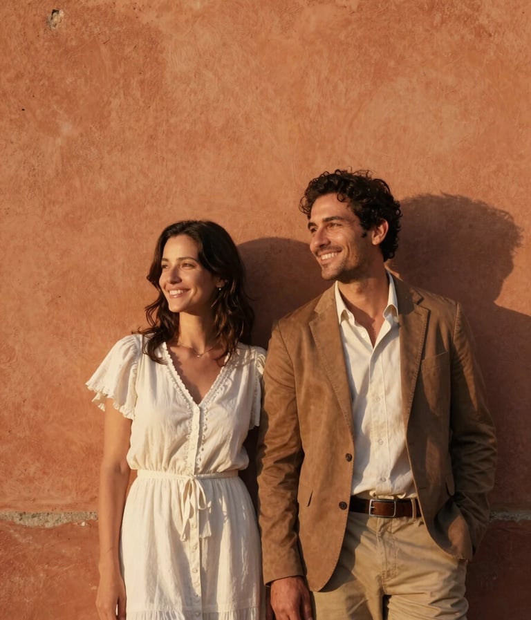 Cinematic portrait of a couple leaning against a terracotta-colored wall in a Spanish village, golden hour sun-drenched lighting, authentic smiles, warm cream and brown tones.
