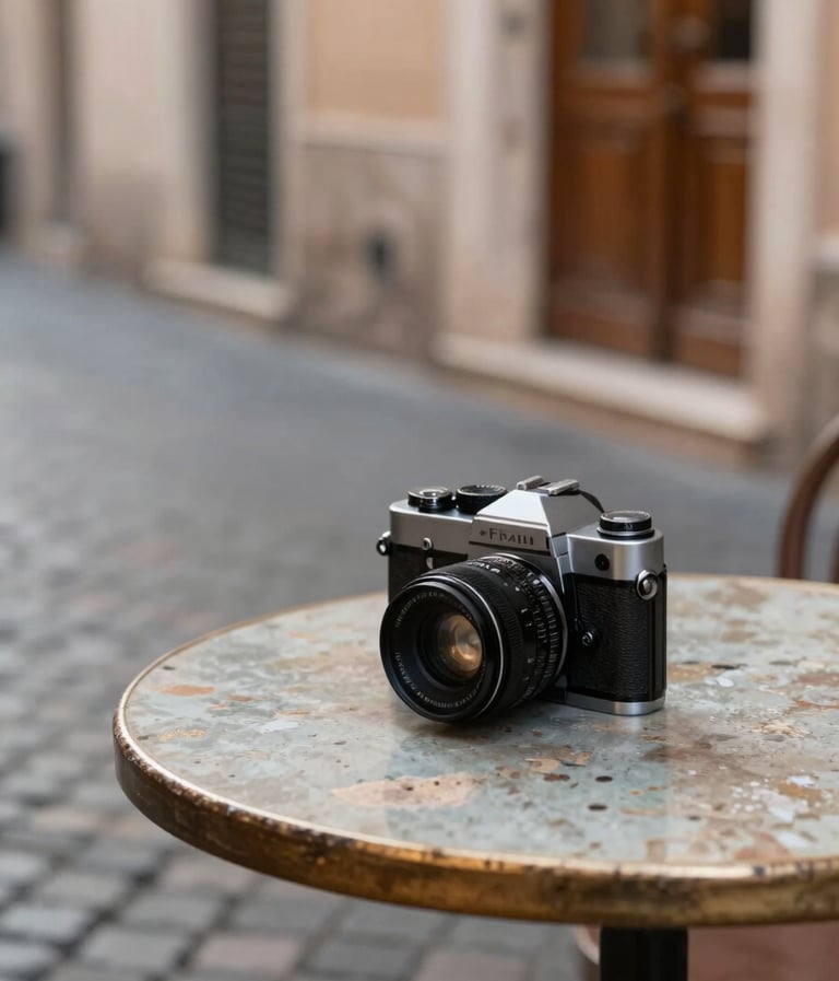 A medium shot of a vintage film camera resting on a weathered cafe table in a Roman alley. Soft morning light in #F5F0E1 tones highlights the metallic details of the lens. The background shows blurred cobblestones and a hint of a #6F604F wooden door, evoking timeless elegance and nostalgia.