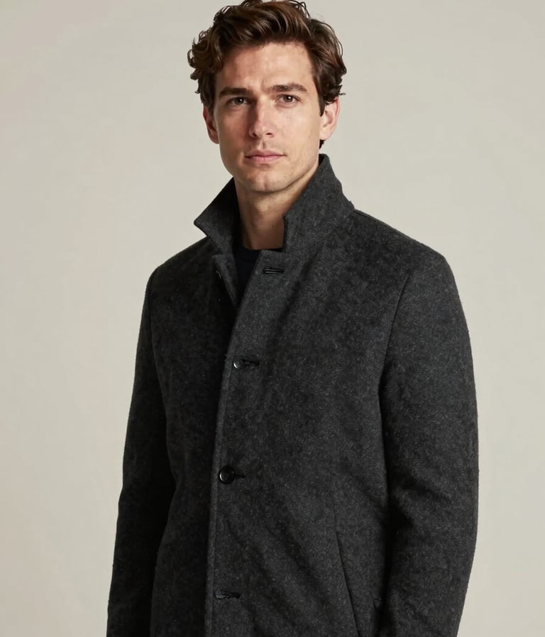 A minimalist and professional portrait of a male architect in a studio setting. He is wearing a dark charcoal coat. The background is a soft off-white wall with subtle shadows. The lighting is soft and editorial, creating a refined and academic atmosphere.