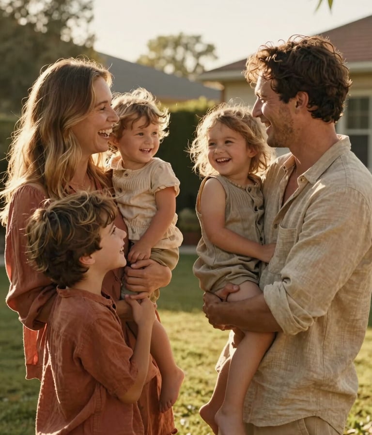 A candid cinematic lifestyle photograph of a young family laughing together in a sun-drenched North American / US backyard. Warm golden hour lighting, subjects wearing soft sand and terracotta colored linen clothing, authentic interaction.