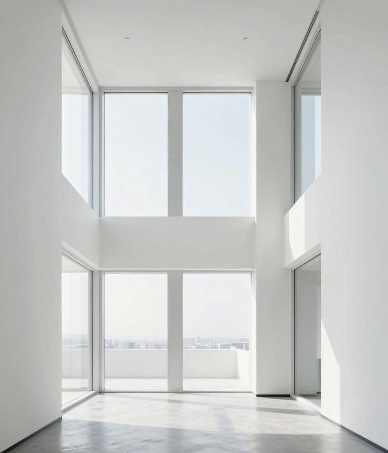 Minimalist architectural photography of a bright, modern office in the US with clean white walls and large windows, symbolizing clarity and strategic thinking in design.