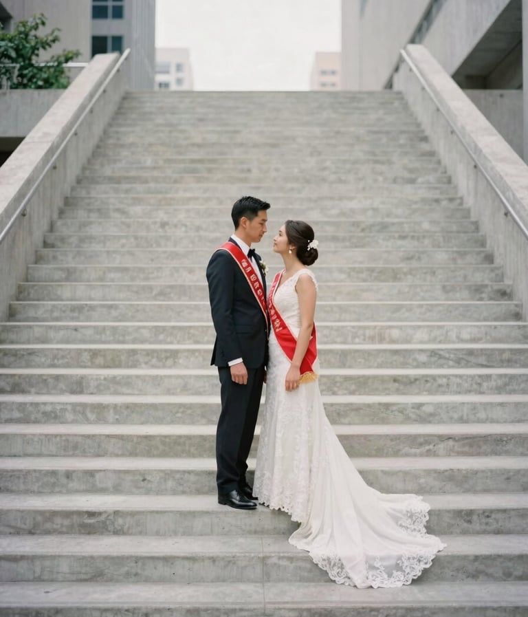 An editorial-style photograph of a couple standing on a minimalist concrete staircase in a North American / US downtown area, the bride wearing a red bridal sash, overcast soft lighting.