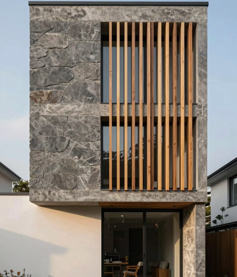 A tall vertical architectural photograph of a contemporary guesthouse facade. The structure features slate gray concrete and natural light wood slats. The lighting is soft morning sun, casting gentle shadows on a soft off-white exterior wall. Minimalist landscaping in the foreground.