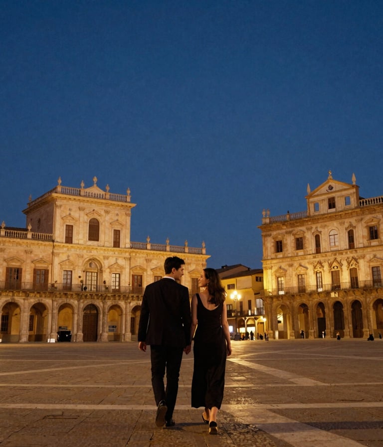 A romantic couple walking through a historic plaza in Southern Europe at dusk. The architecture is bathed in warm gold light while the sky is a deep slate blue. Cinematic wide shot with a focus on movement and emotion.