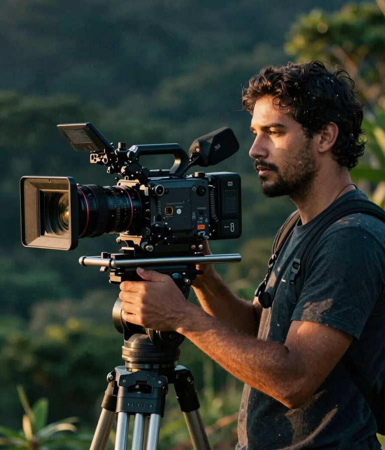 A professional filmmaker in a South American / Brazilian outdoor setting, operating a high-end cinema camera during the golden hour. The lighting highlights Deep Teal and Dark Forest Green shadows with a cinematic, warm glow on the equipment.
