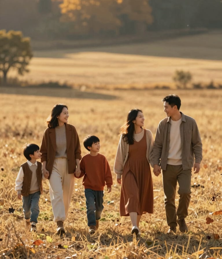 A cinematic, wide-angle shot of a family of four walking through a sun-drenched autumn field. The lighting is warm and golden, casting long shadows. The family is dressed in neutral tones with hints of #C0766B terracotta. The mood is authentic and joyful.