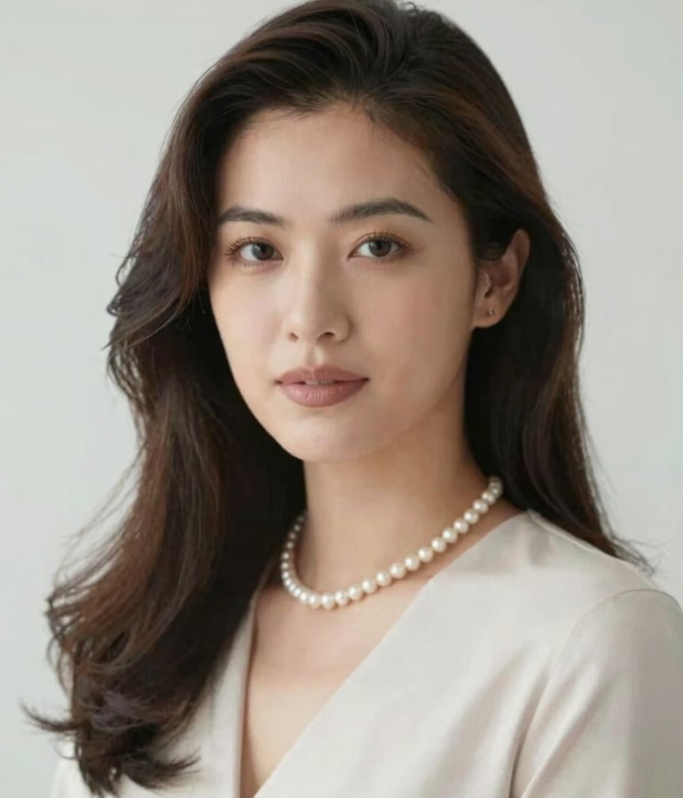 A graceful headshot of soprano Maylin Cruz, wearing a subtle pearl necklace, with a look of calm professionalism. The style is soft-focus and sophisticated, featuring #F5F0EC and #8D6A6A tones.