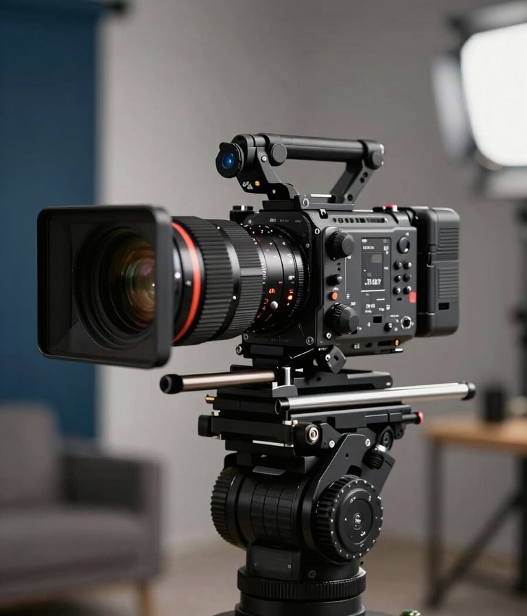 High-end professional cinema camera mounted on a stabilization rig, set against a blurred creative studio background in Brazil, sophisticated lighting with hints of navy and charcoal.