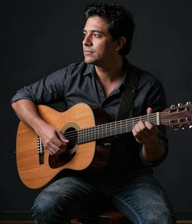 Full portrait of Alvaro Escobar sitting with his guitar in a dark space, cinematic lighting from the side, deep charcoal black environment, raw and authentic expression.
