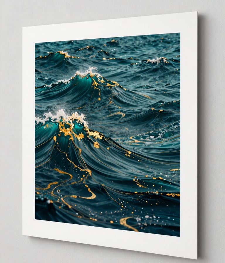 A professional studio photograph of a large-format fine art print resting against a Soft Alabaster White wall. The print features intricate, algorithmically generated waves in Deep Atlantic Teal and Burnished Gold. The paper has a visible heavy grain and premium matte finish.