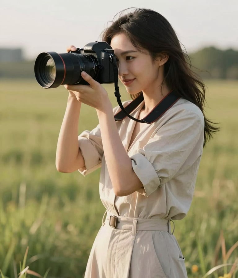 A candid photography shot of a professional female photographer with a camera, working in a sun-drenched North American meadow, dressed in elegant neutral tones, soft and approachable mood.