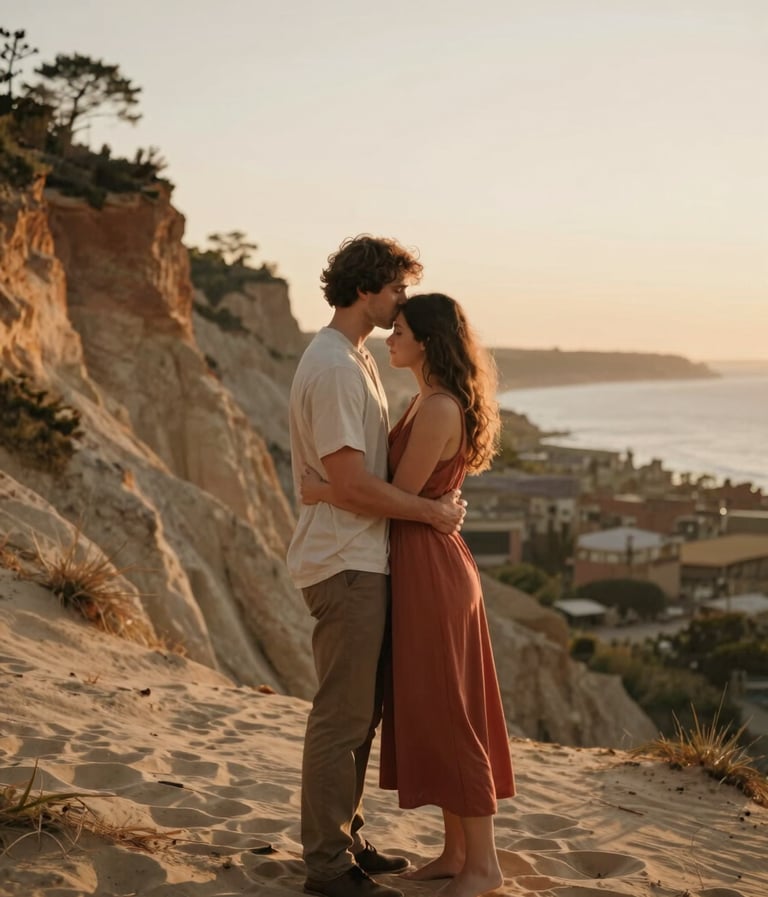 A cinematic photograph of a North American / US couple embracing on a cliffside at sunset, soft warm sand tones, golden light, and earthy terracotta clothing accents.