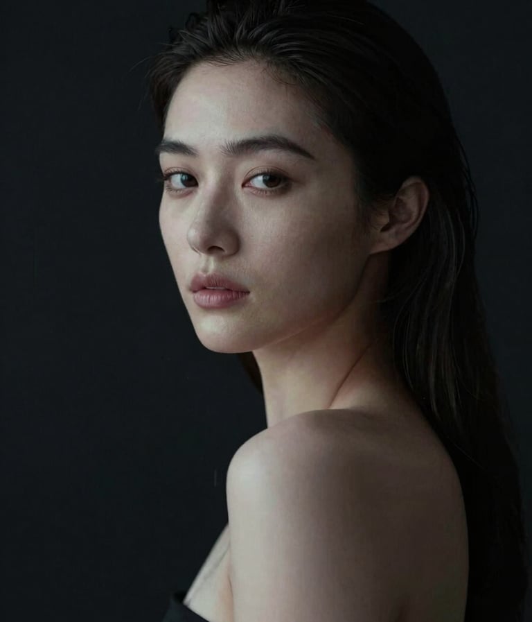 A cinematic portrait of a woman with soft off-white highlights on her face, emerging from a deep charcoal black background. Her expression is calm and thoughtful. Minimalist composition with a focus on lighting and texture.