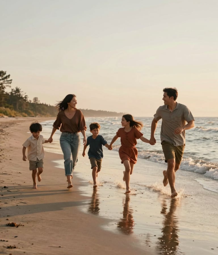A candid cinematic photograph of a North American / US family running along a sandy shoreline at dusk. The lighting is warm and sun-drenched, reflecting Soft Sand and Terracotta tones. Authentic interactions evoke a sense of freedom.