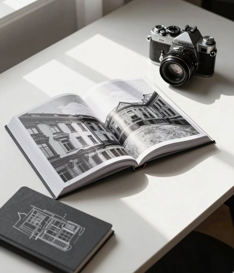 A top-down studio shot of a clean, modern desk in a room with soft morning light. An open hardcover book shows professional black and white architectural photography. Beside the book is a vintage film camera and a small charcoal-colored notebook with soft sage-colored sketches of building facades.
