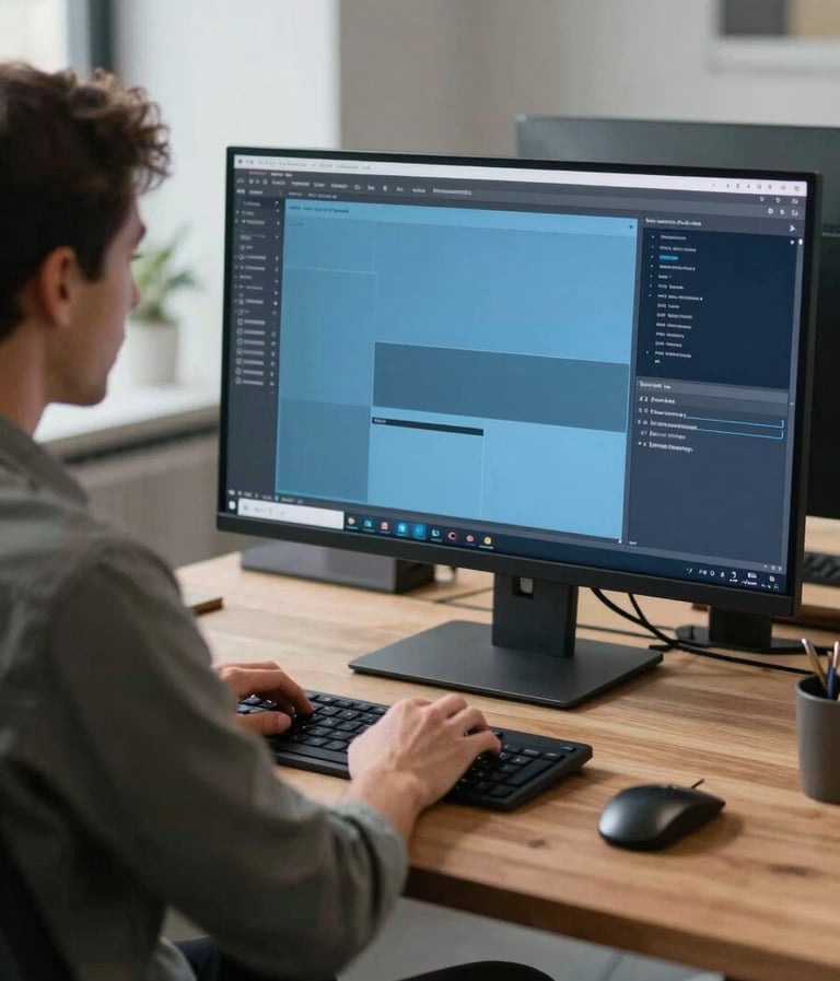A professional graphic designer working in a modern International / Western office, sitting at a clean wooden desk with a large monitor showing soft blue and dark navy design layouts, sophisticated studio atmosphere, soft natural lighting.