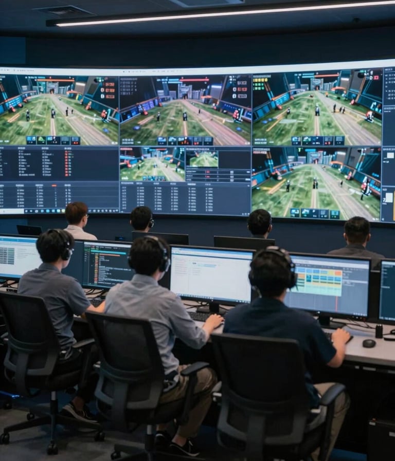 A wide shot of a professional broadcast control room during a live esports match. Engineers are seated in front of a massive wall of monitors displaying game feeds and camera angles. Dark blue and grey color scheme (#1F2E3A, #4A6075).