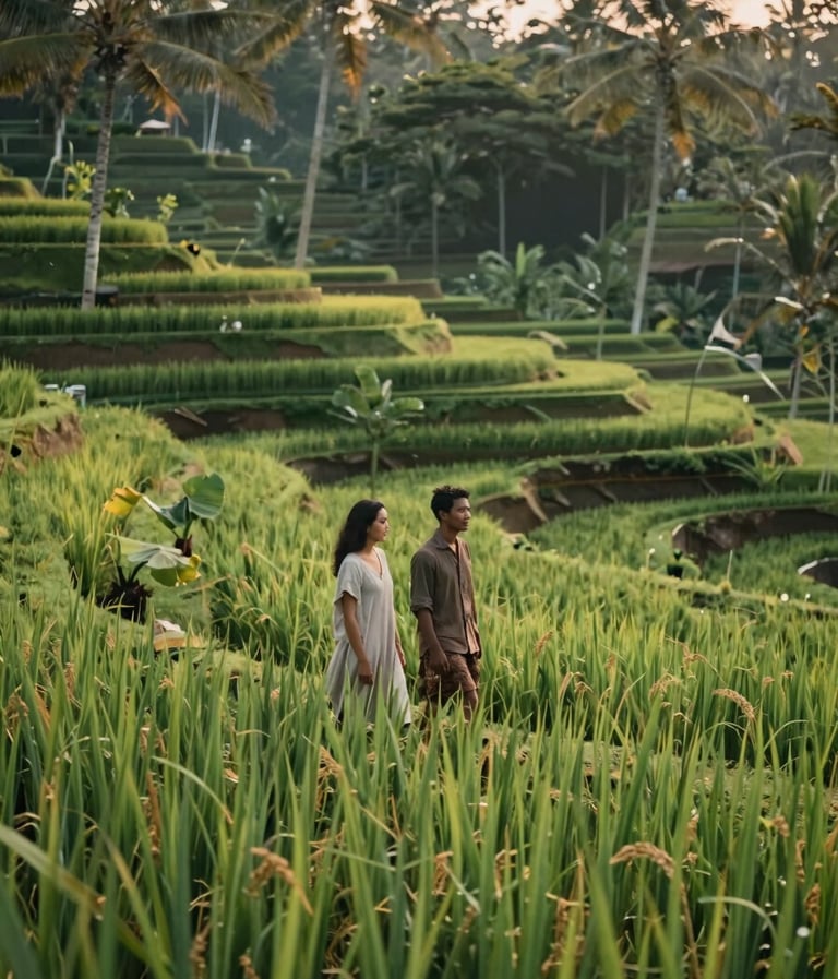 A couple walking through a lush green rice terrace in Bali during the golden hour. The shot is wide and cinematic, emphasizing the scale of nature. Palette: #7B6654 and #C8B6A6.