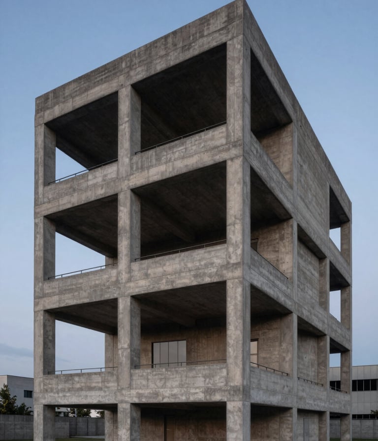 A large, professional architectural photograph of a brutalist concrete structure under a muted blue dawn sky, emphasizing structure and visual weight, Global / Contemporary Art.