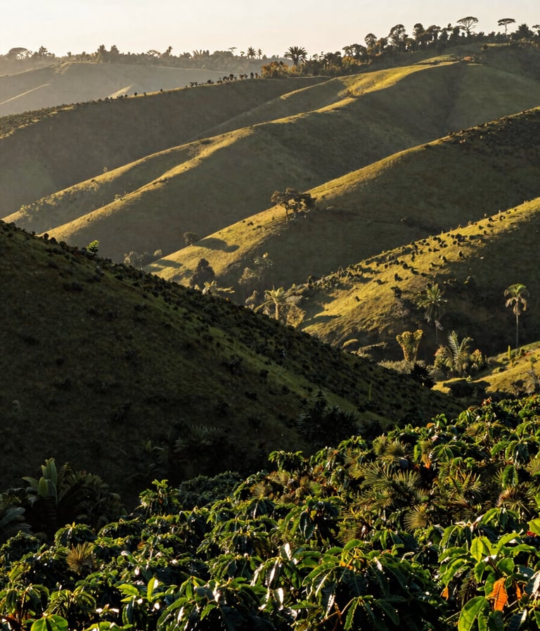 Wide-angle shot of rolling hills in a South American coffee plantation. The morning light is soft and warm, casting long shadows across the lush forest green shrubs. Sophisticated and natural landscape.