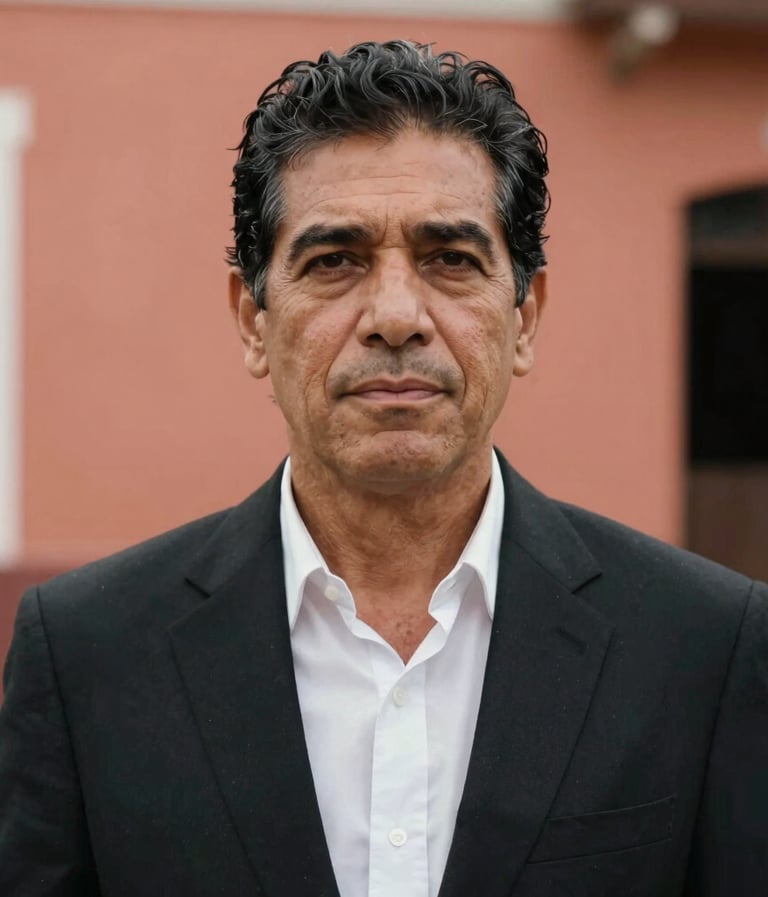 Portrait of Eduardo Grillo with a soulful expression, authentic and sophisticated style, natural soft light, South American / Venezuelan outdoor setting. Palette colors used: Black and Coral.