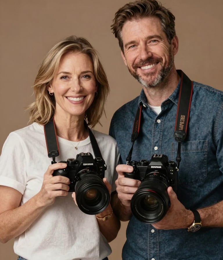 A professional portrait of a married photographer couple in a North American / US studio. They are smiling and holding two different high-end cameras. The aesthetic is warm, artistic, and professional.