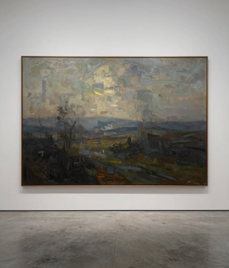 A cinematic, wide-angle shot of a large oil painting titled 'Eternal Silence' depicting a hazy, abstract landscape in tones of #1A1A1A and #6B705C. The painting is displayed in a quiet, modern gallery with a polished concrete floor.