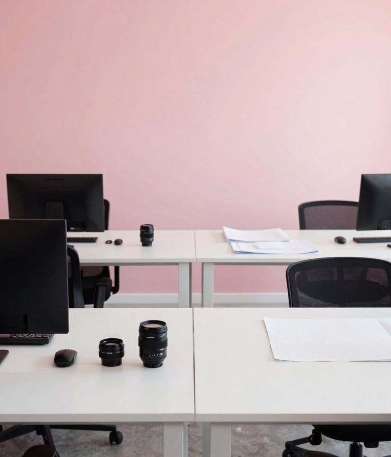 A minimalist office setting for a construction studio in Latin America. Architects working with modern tools, clean white desks, black details, and a soft pink wall in the background. Professional and reliable atmosphere.