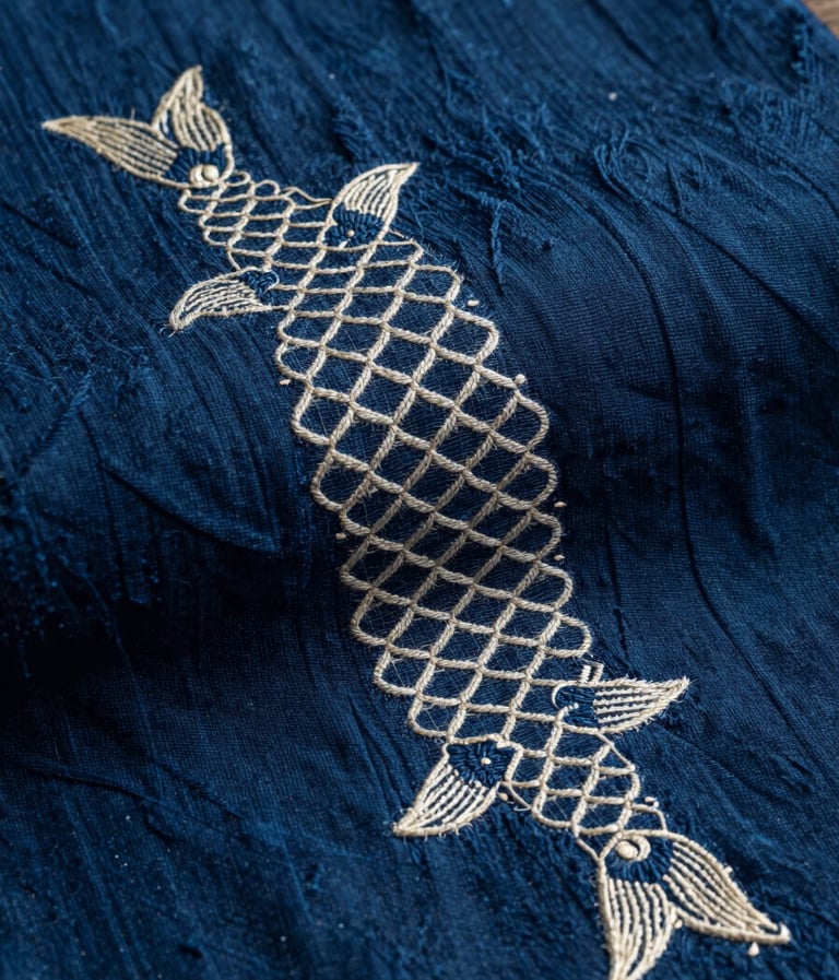 A close-up photograph of hand-woven indigo textile with delicate, ivory silk embroidery of koi fish scales. Cinematic lighting with deep shadows, showcasing the rich texture of the fabric in an East Asian / South Asian influenced for a global luxury audience studio.