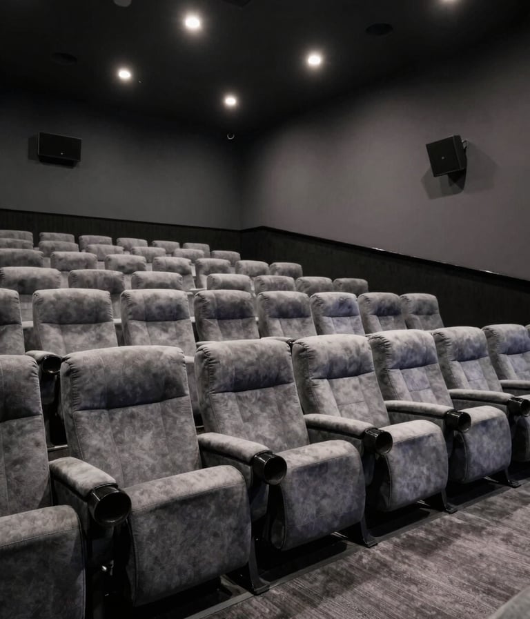 A wide-angle photograph of a sophisticated North American cinema screening room with plush slate grey seating and soft spotlighting. The atmosphere is professional and cinematic, reflecting high-end film distribution standards.